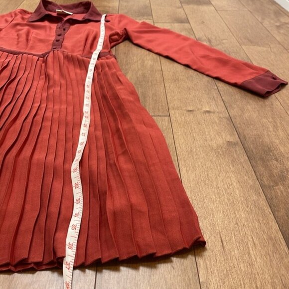 ModCloth Just My Typist Long Sleeve Shirt Dress In Brick pleated skirt sz XXS - Picture 11 of 15